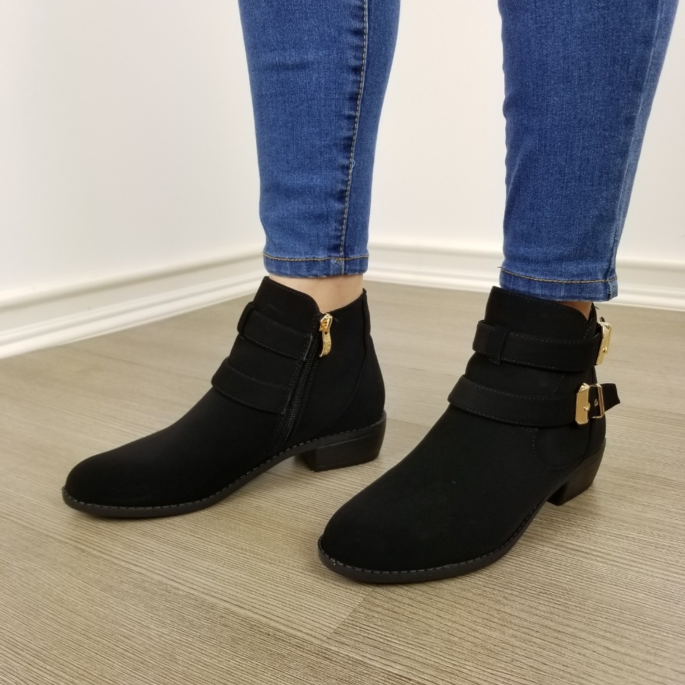 Black Vegan Nubuck Double Buckle Ankle Boots-FF - Picture 7 of 8